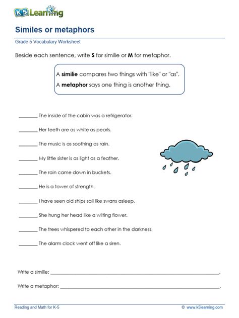 simile and metaphor worksheet grade 5 with answers