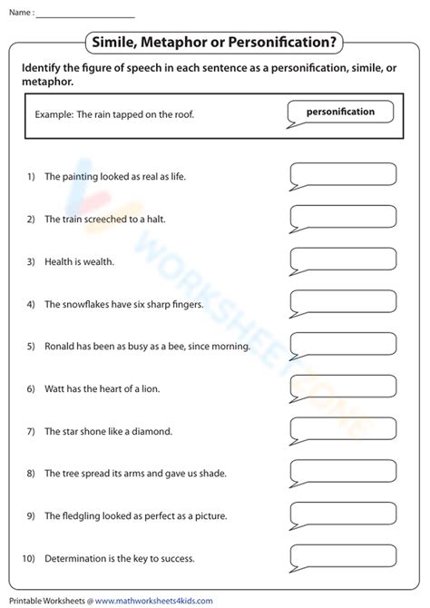 simile metaphor and personification worksheet with answers grade 9