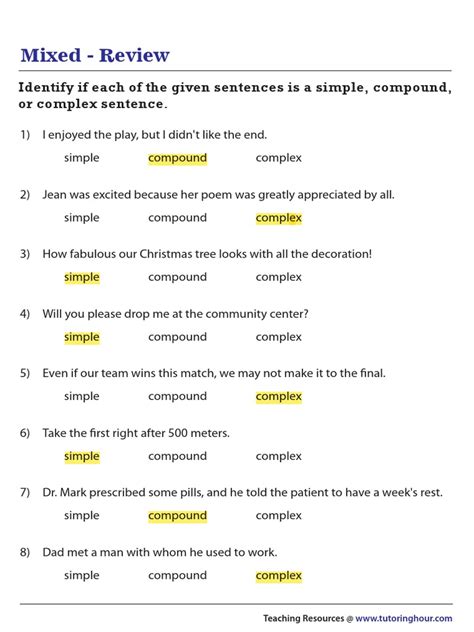 simple compound and complex sentences examples pdf with answers