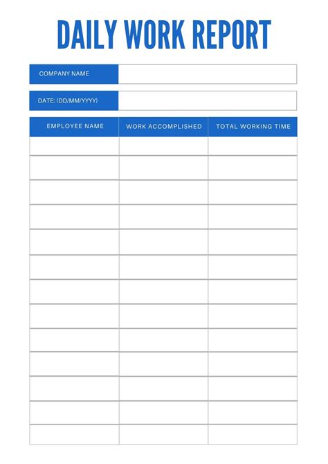 simple daily work report format in excel