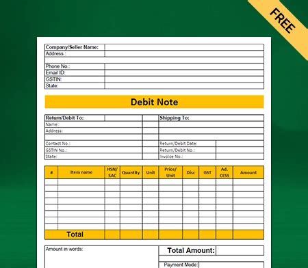simple debit note format in excel free download