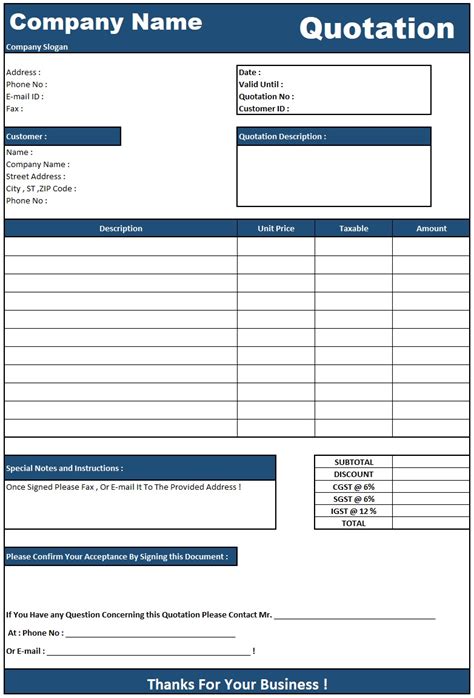 simple excel quotation template with database free download