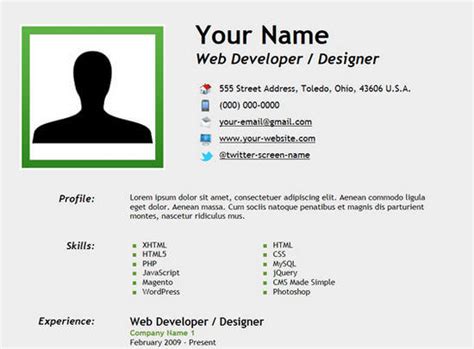 simple html resume code with css