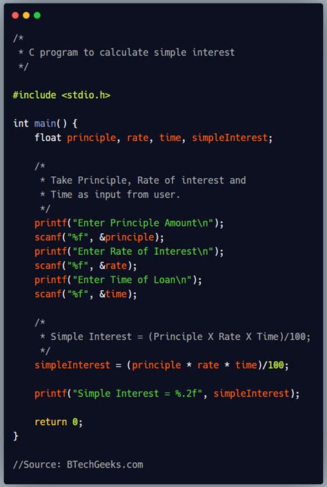 simple interest program in c using function