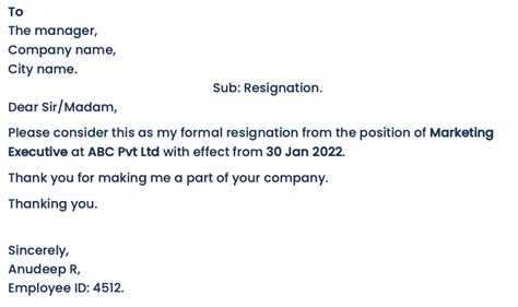 simple resignation email format to manager