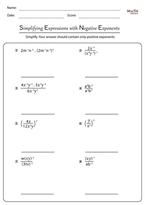 simplifying monomials with negative exponents worksheet