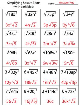 simplifying square roots with variables worksheet
