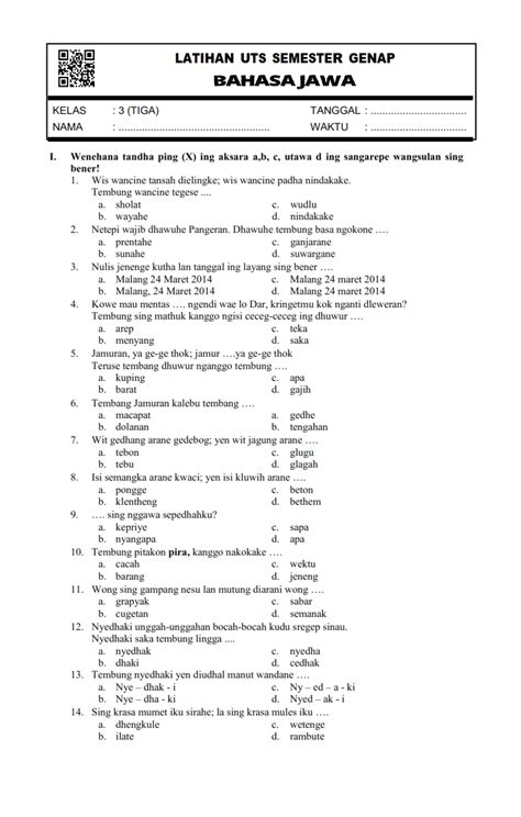 Soal Bahasa Jawa Kelas 2
