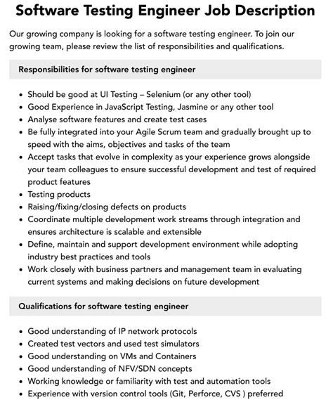 software testing engineer job description