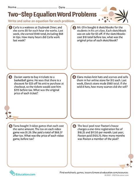solve one step and two step equations word problems worksheet