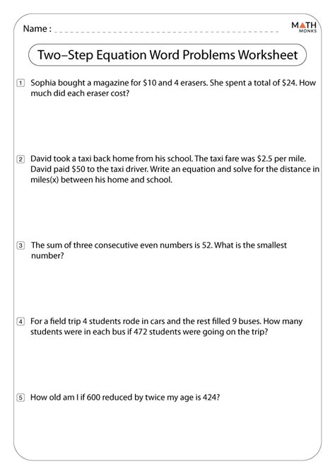 solving 2 step equations word problems worksheet