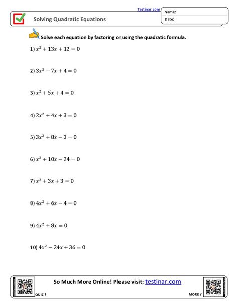 solving quadratic equations worksheet and answers