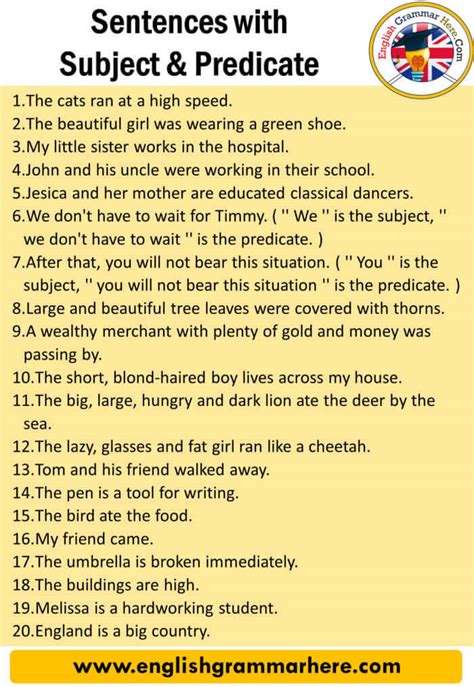 some examples of subject and predicate with answers