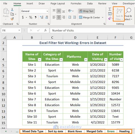 sort and filter in excel greyed out