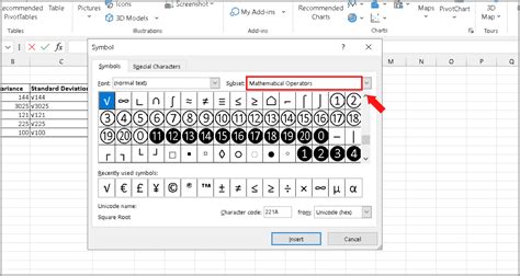 square root character code excel