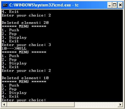 stack using linked list program in c with output