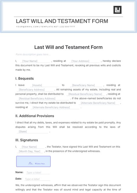 Standard Will And Testament Template