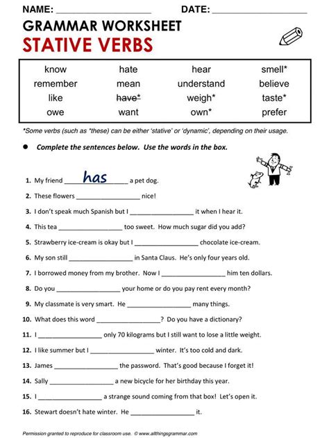 stative and dynamic verbs exercises pdf with answers