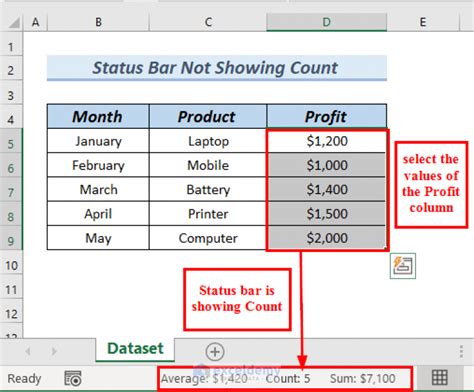 status bar in excel not showing count
