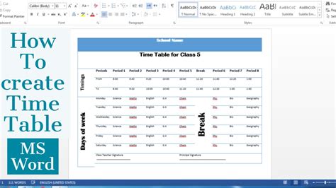 steps to create time table in ms word