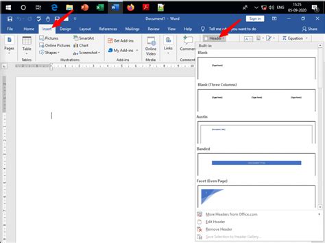 steps to insert header and footer in word document
