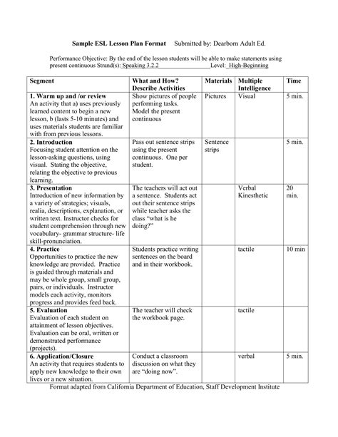 student lesson plan example