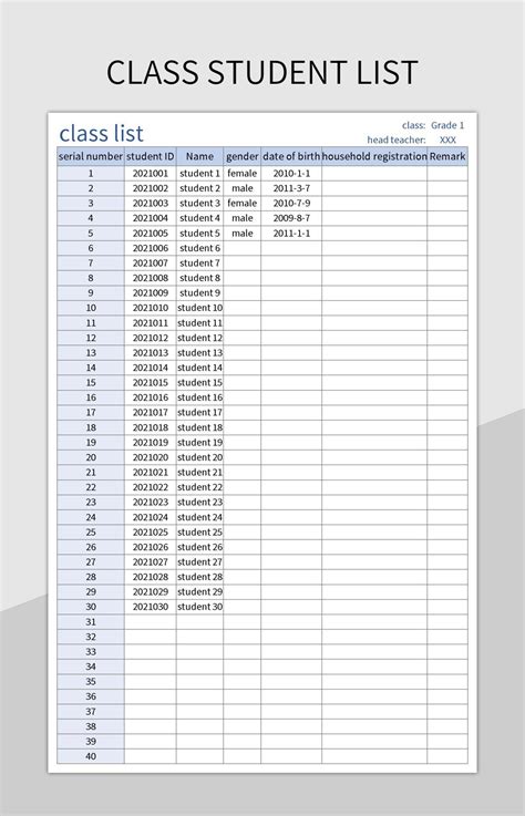 student list excel template