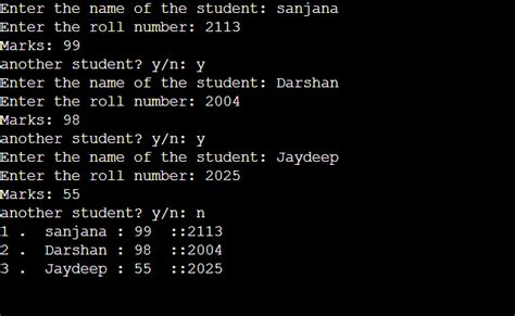 student mark list program in python using for loop