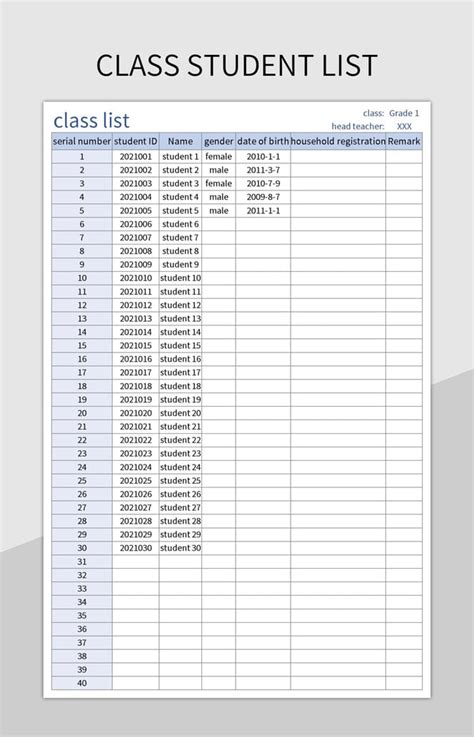 student name list excel template