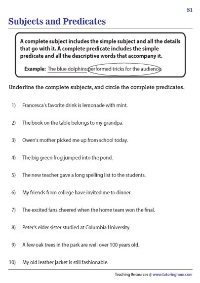 subject and predicate exercises for class 10