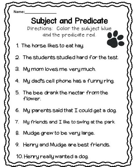 subject and predicate worksheet with answers for class 5
