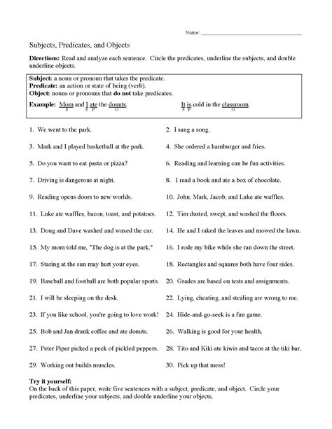 subject predicate object worksheet for class 5 with answers