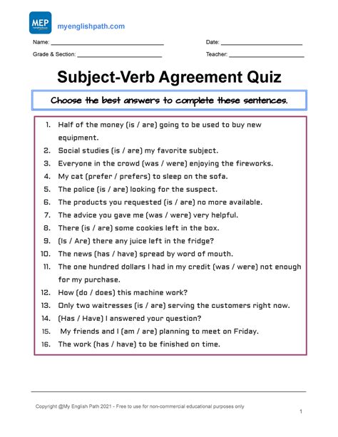 subject verb agreement exercises with answers