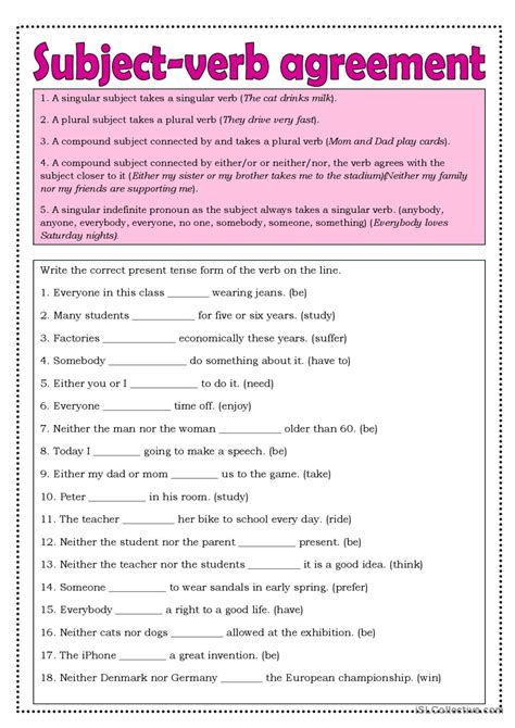 subject verb agreement exercises with answers doc class 8