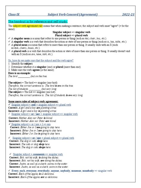 subject verb concord examples with answers class 9
