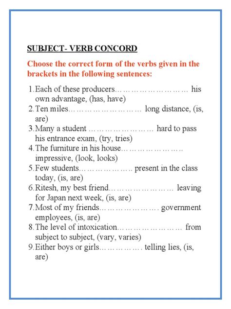 subject verb concord exercises with answers class 9