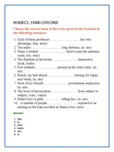 subject verb concord exercises with answers pdf class 9