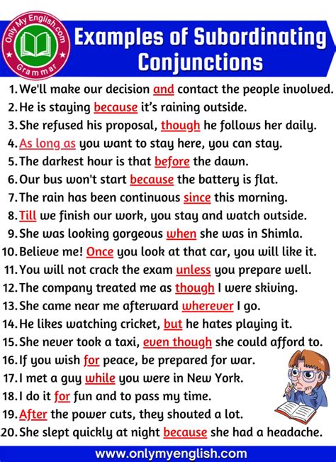 subordinating conjunctions examples sentences with answers