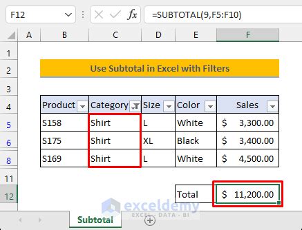 subtotal formula in excel with filter