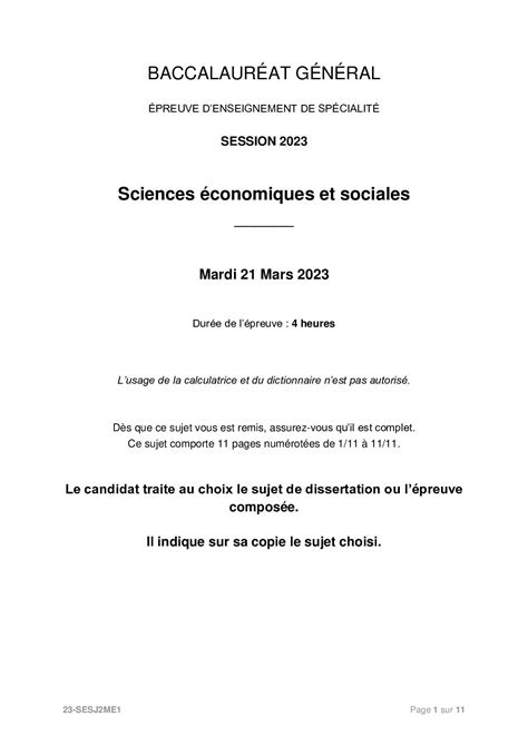 sujet dissertation ses bac 2023