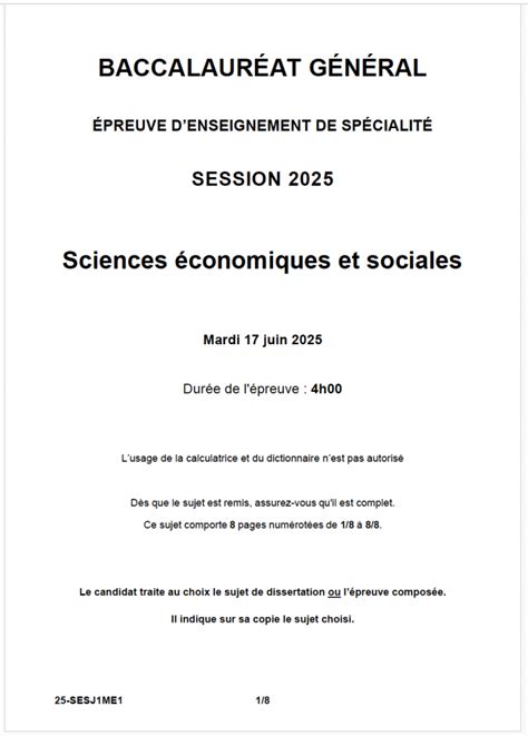 sujet dissertation ses bac 2025