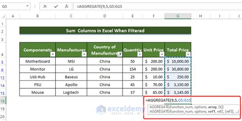 sum function in excel when filter is on