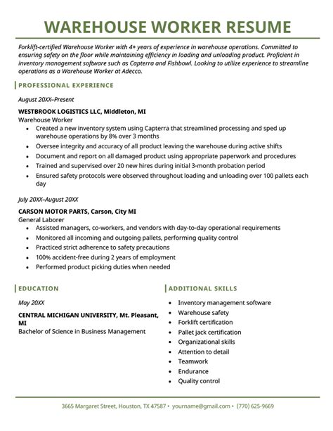 summary for a warehouse worker