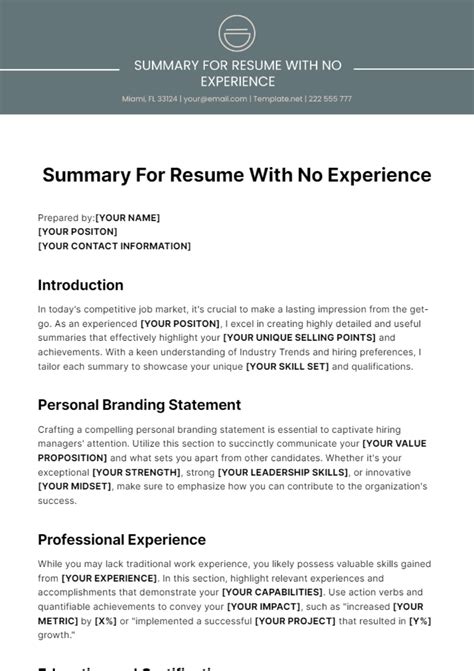 summary for resume examples for freshers with no experience