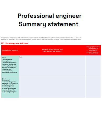 summary statement for professional engineers pdf