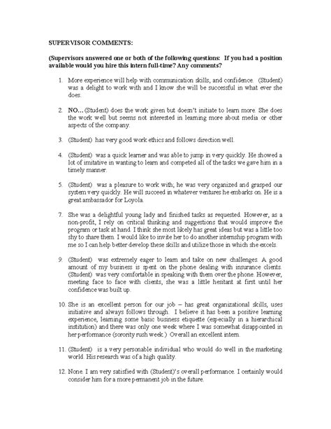 supervisor comments examples for internship