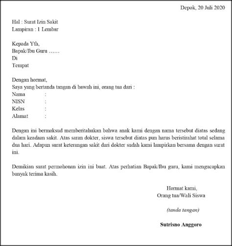 surat izin sekolah smp yang benar