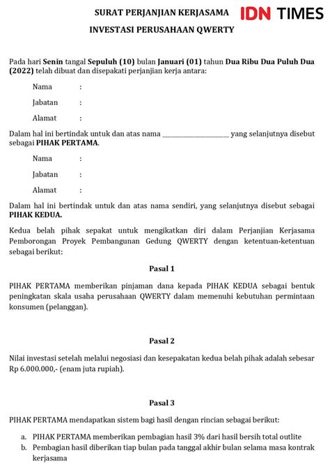 surat perjanjian kerjasama investor