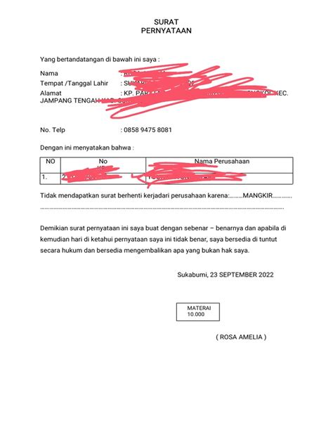surat pernyataan sample