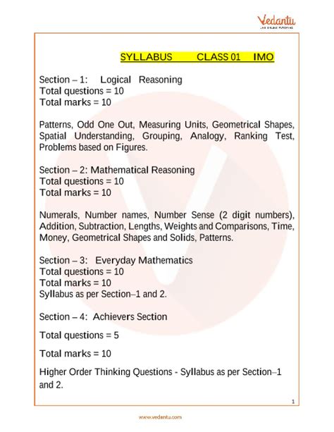 syllabus of olympiad for class 1 maths